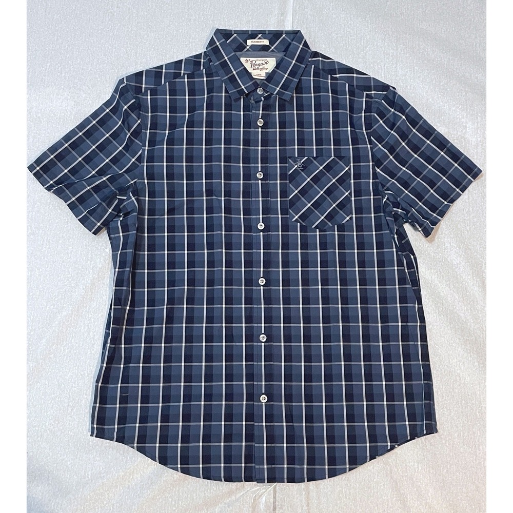 Penguin Munsingwear men's short sleeve gray blue plaid checkered shirt L